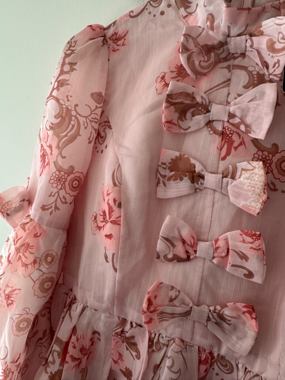 NEW!! INA Pink Floral Bow Front Sheer Mini Dress Coquette Cottagecore Romantic - Picture 5 of 8